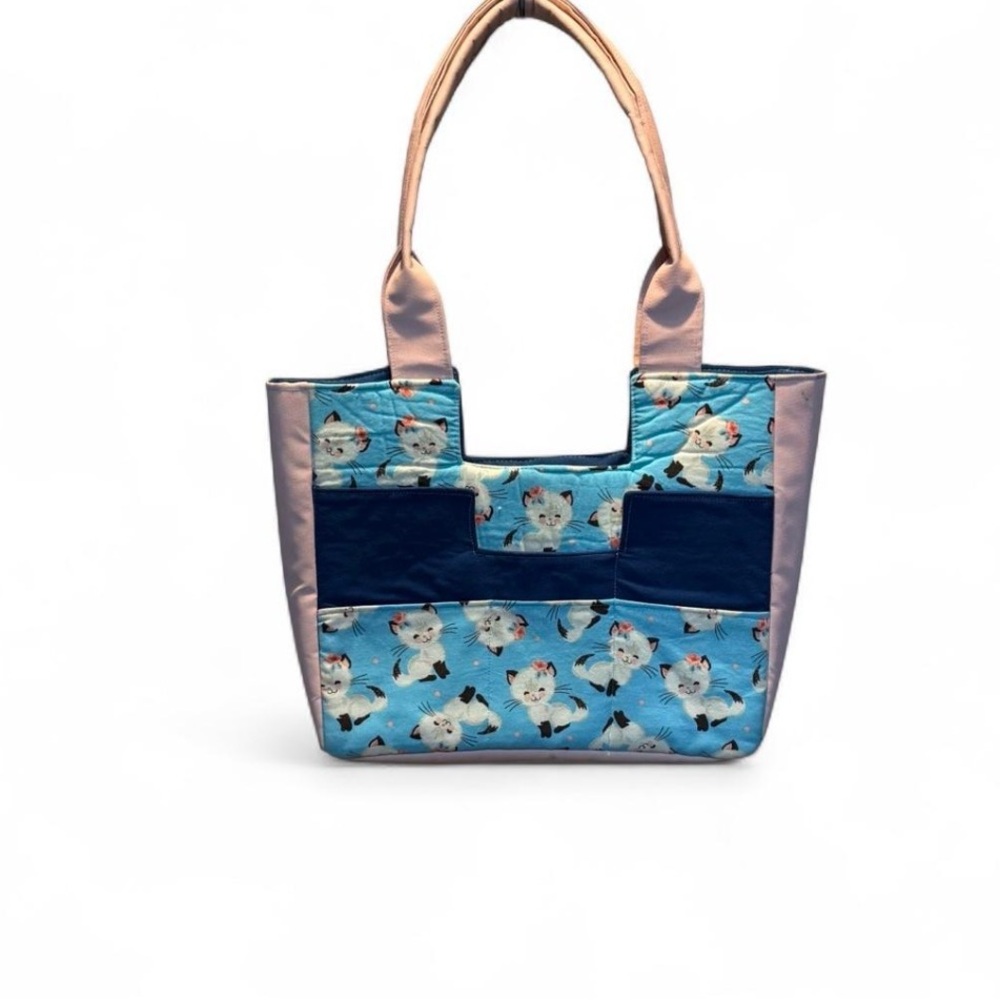 Handmade Quilted Road Tripster Tote Bag Kitten Cat Pattern Blue Pink